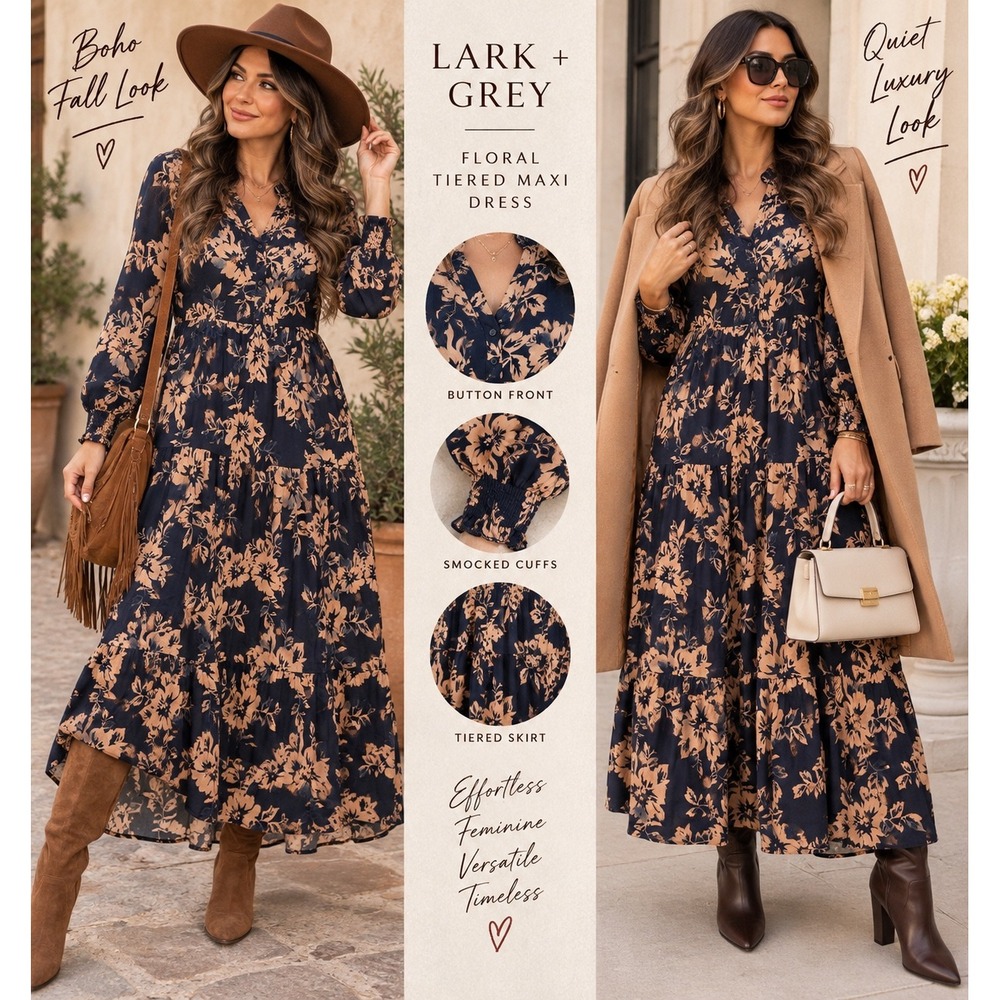 Lark + Grey Floral Tiered Maxi Dress Navy Tan Button Front Smocked Cuff S
